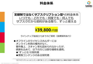 ©2021 kaleidosolutions inc. all rights reserved
料金体系
定額制ではなくサブスクリプション型*の料金体系
いつでも・どれでも・何度でも・何人でも
サブスクだから契約がある限り、ずっと使える
*サブスクリプションはコンテンツ数や各コンテンツの機能等が変動すると価格が変動する提供形態
¥39,800/月額
ラインナップ追加(7/1)までのご契約（長期契約あり）
●オフラインのライセンスホルダーには
オンライン利用の権利がなく、
著作権上、スキャン等も認められなかったが、
感謝を込めて、以下の方には割引価格を適用。
●”ずっとも”の契約者
●買取コンテンツのある契約者
 