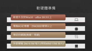軟提升及到Win10、office 2013以上
電腦6G記憶體、256GSSD硬碟以上
穩定的網路(無線、有線)
外部頻寬 2M/0.5M 每人(例如60M/15M 30人)
 