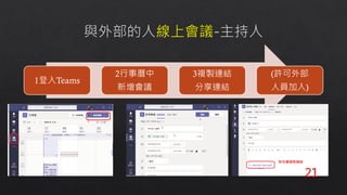1登入Teams
2行事曆中
新增會議
3複製連結
分享連結
(許可外部
人員加入)
21
 