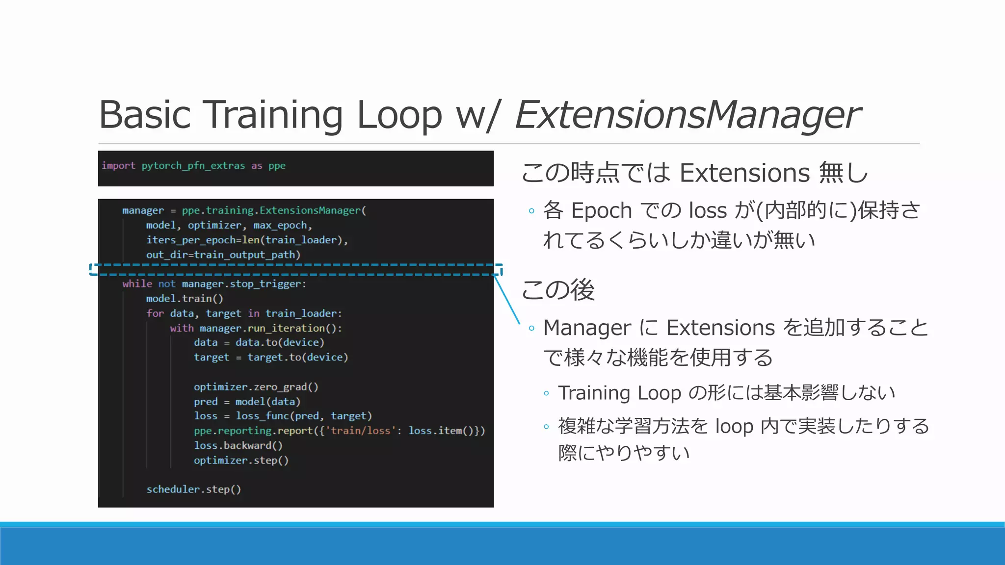 Basic Training Loop w/ ExtensionsManager
この時点では Extensions 無し
◦ 各 Epoch での loss が(内部的に)保持さ
れてるくらいしか違いが無い
この後
◦ Manager に Extensions を追加すること
で様々な機能を使用する
◦ Training Loop の形には基本影響しない
◦ 複雑な学習方法を loop 内で実装したりする
際にやりやすい
 