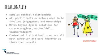 relationality
● complex ethical relationship
● all participants or actors need to be
involved (engagement and ownership)
● Moves beyond dyadic relations for
carer/caregiver, mother/child,
teacher/student
● Contextual / situational - we are all
both caregiver and care receiver at
times (reciprocal)
CC BY Pixabay
 