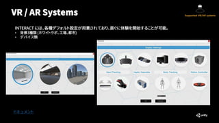 VR / AR Systems
ドキュメント
INTERACT には、各種デフォルト設定が用意されており、直ぐに体験を開始することが可能。
• 背景3種類 (ホワイトラボ、工場、都市)
• デバイス類
 