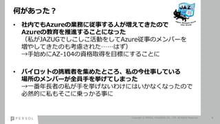 Τä
? ڤǤAzureΘIդˏ¤ˤƤΤ
AzureνM뤳Ȥˤʤä
˽JAZUGǤӤ򤷤Azure¤ΥЩ`
䤷ƤΤ⿼]줿Ϥ
ʼAZ-104YȡäĿˤˤ뤳Ȥ
? ѥåȤߤ򼯤᤿Ȥ˽ν¤Ƥ
ΥЩ`ȫT֤򒤤Ƥޤä
һLߤ˽֤򒤤ʤ櫓ˤϤʤʤäΤ
ȻĤ˽⤽ˁ\ä¤
Copyright ? PERSOL HOLDINGS CO., LTD. All Rights Reserved. 8
 