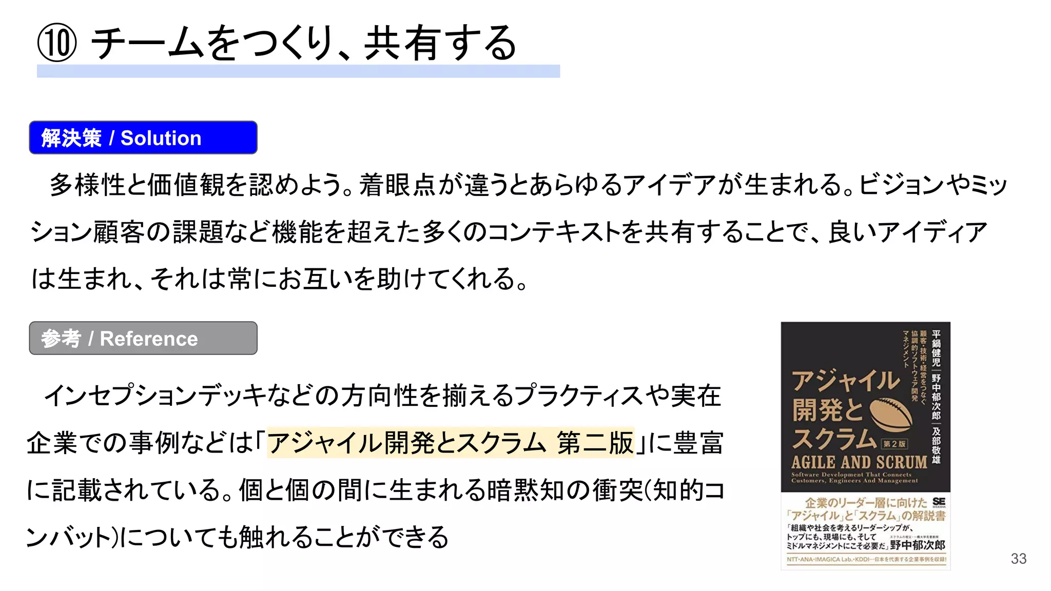 33
　多様性と価値観を認めよう。着眼点が違うとあらゆるアイデアが生まれる。ビジョンやミッ
ション顧客の課題など機能を超えた多くのコンテキストを共有することで、良いアイディア
は生まれ、それは常にお互いを助けてくれる。 
　インセプションデッキなどの方向性を揃えるプラクティスや実在
企業での事例などは「アジャイル開発とスクラム 第二版」に豊富
に記載されている。個と個の間に生まれる暗黙知の衝突(知的コ
ンバット)についても触れることができる
解決策 / Solution
参考 / Reference
⑩ チームをつくり、共有する 
 