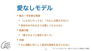 愛なしモデル
✦ 痛み・不本意な現実


✦ （こんなにやっても）「わたしは愛されない」


✦ ⾃分のありのままでは愛してもらえない


✦ 回避⾏動


✦ 「愛されようと相⼿に尽くす」


✦ 代償


✦ ⼈に過剰に尽くして⾃分の真実を⽣きられない
20
『ザ・メンタルモデル』11章メンタルモデル類型より抜粋
 