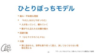 ひとりぼっちモデル
✦ 痛み・不本意な現実


✦
	
「わたしはひとりぼっちだ」


✦ ⼈が去っていく、離れていく


✦ 繋がりた⽴たれる分離の痛み


✦ 回避⾏動


✦ 「ひとりでやろうとする」


✦ 代償


✦ 常に⾃分や⼈、世界を割り切って捉え、決してなくならない孤
独を抱える
24
『ザ・メンタルモデル』11章メンタルモデル類型より抜粋
 