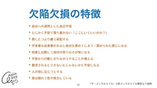 欠陥欠損の特徴
✦ ⾃分への漠然とした⾃⼰不信


✦ とにかく不安で落ち着かない「ここにいていいのか？」


✦ 表にたつより裏で采配する


✦ 不本意な出来事があると⾃分を責めてしまう・責められた感じになる


✦ 他者と⽐較して⾃分の⾄らなさが気になる


✦ 不安から⾏動しがちなのでやることが増える


✦ 要求されるとできないんじゃないかと不安になる


✦ ⼈の役に⽴とうとする


✦ 実は隠れて⾊々努⼒している
27
『ザ・メンタルモデル』11章メンタルモデル類型より抜粋
 