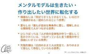 メンタルモデルは生きたい・
作り出したい世界に転化する
✦ 価値なしは「何ができてもできなくても、いるだけ
で価値がある・認められるという世界」


✦ 愛なしは「誰もが⾃分を無条件に愛し、理解しあえ
る関係性で⼈がつながる世界」


✦ ひとりぼっちは「⼈が命の全体性の中で⼀部として
⽣かされている、つながっていると⾔う感覚の中で
⾃由にいきている世界」


✦ ⽋陥⽋損は「凸凹のままで⼈は完全で、ありのまま
で安⼼して存在していられる世界」
32
『ザ・メンタルモデル』10章より
 