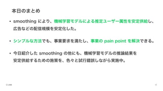 本日のまとめ
• smoothing により、機械学習モデルによる推定ユーザー属性を安定供給し、
広告などの配信規模を安定化した。
• シンプルな方法でも、事業要求を満たし、事業の pain point を解決できる。
• 今日紹介した smoothing の他にも、機械学習モデルの推論結果を
安定供給するための施策を、色々と試行錯誤しながら実施中。
 