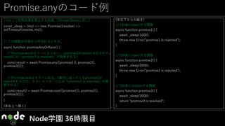 Promise.anyのコード例
//msミリ秒間処理を停止する処理。(Thread.Sleepと同じ)
const _sleep = (ms) => new Promise((resolve) =>
setTimeout(resolve, ms));
// この関数が外部から呼ばれるとする。
async function promiseAnyOrRace() {
// Promise.anyはエラーにならない。(promise3がresolveされるので。
resultには「promise3 is resolved」が格納される)
const result = await Promise.any([promise1(), promise2(),
promise3()]);
// Promise.raceはエラーになる。(最初に返ってくるpromise1が
rejectされるので。エラーメッセージには「promise1 is rejected」が格
納される)
const result2 = await Promise.race([promise1(), promise2(),
promise3()]);
}
(※右上へ続く)
(※左下からの続き)
// 1秒後にrejectする関数
async function promise1() {
await _sleep(1000);
throw new Error("promise1 is rejected");
}
// 2秒後にrejectする関数
async function promise2() {
await _sleep(2000);
throw new Error("promise2 is rejected");
}
// 3秒後にresolveする関数
async function promise3() {
await _sleep(3000);
return "promise3 is resolved";
}
Node学園 36時限目
 