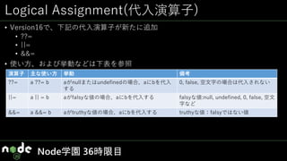 Logical Assignment(代入演算子)
• Version16で、下記の代入演算子が新たに追加
• ??=
• ||=
• &&=
• 使い方、および挙動などは下表を参照
Node学園 36時限目
演算子 主な使い方 挙動 備考
??= a ??= b aがnullまたはundefinedの場合、aにbを代入
する
0, false, 空文字の場合は代入されない
||= a || = b aがfalsyな値の場合、aにbを代入する falsyな値:null, undefined, 0, false, 空文
字など
&&= a &&= b aがtruthyな値の場合、aにbを代入する truthyな値：falsyではない値
 