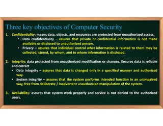1. Confidentiality: means data, objects, and resources are protected from unauthorized access.
• Data confidentiality – assures that private or confidential information is not made
available or disclosed to unauthorized person.
• Privacy – assures that individual control what information is related to them may be
collected, stored, by whom, and to whom information is disclosed.
2. Integrity: data protected from unauthorized modification or changes. Ensures data is reliable
and correct
• Data integrity – assures that data is changed only in a specified manner and authorized
way.
• System integrity – assures that the system performs intended function in an unimpaired
way, free from deliberate / inadvertent unauthorized manipulation of the system.
3. Availability: assures that system work properly and service is not denied to the authorized
users.
Three key objectives of Computer Security
 