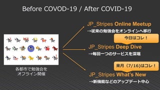 Before COVOD-19 / After COVID-19
各都市で勉強会を
オフライン開催
JP_Stripes Online Meetup
→従来の勉強会をオンラインへ移行
JP_Stripes Deep Dive
→毎回一つのサービスを深堀
JP_Stripes What’s New
→新機能などのアップデート中心
来月（7/16)はコレ！
今日はコレ！
 