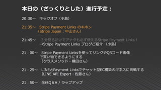 本日の（ざっくりとした）進行予定：
20:30～ キックオフ（小島）
21:35～ Stripe Payment Links のキホン
（Stripe Japan : 中山さん）
21:45～ ３分見るだけでアナタも必ず使えるStripe Payment Links！
→Stripe Payment Links ブログご紹介 （小島）
21：00～ Stripe Payment Linksを使ってリンクやQRコード画像
で買い物できるようにする
（クラスメソッド・横田さん）
21：25～ LINEとPayment Linksでチャット型EC構築のギネスに挑戦する
（LINE API Expert・佐藤さん）
21：50～ 全体Q＆A / ラップアップ
 