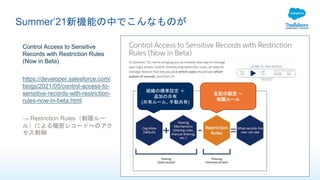 Summer’21新機能の中でこんなものが
Control Access to Sensitive
Records with Restriction Rules
(Now in Beta)
https://developer.salesforce.com/
blogs/2021/05/control-access-to-
sensitive-records-with-restriction-
rules-now-in-beta.html
→ Restriction Rules（制限ルー
ル）による機密レコードへのアク
セス制御
組織の標準設定 ＋
追加の共有
(共有ルール、手動共有)
左記の設定 －
制限ルール
 