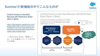 Summer’21新機能の中でこんなものが
Control Access to Sensitive
Records with Restriction Rules
(Now in Beta)
https://developer.salesforce.com/
blogs/2021/05/control-access-to-
sensitive-records-with-restriction-
rules-now-in-beta.html
→ Restriction Rules（制限ルー
ル）による機密レコードへのアク
セス制御
組織の標準設定 ＋
追加の共有
(共有ルール、手動共有)
左記の設定 －
制限ルール
可視性の
「引き算」が
できる！？
 