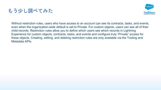 もう少し調べてみた
Without restriction rules, users who have access to an account can see its contracts, tasks, and events,
even when the organization-wide default is set to Private. For custom objects, users can see all of their
child records. Restriction rules allow you to define which users see which records in Lightning
Experience for custom objects, contracts, tasks, and events and configure truly “Private” access for
these objects. Creating, editing, and deleting restriction rules are only available via the Tooling and
Metadata APIs.
 