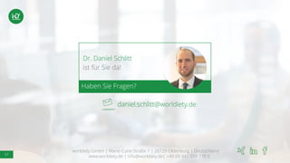 37
worldiety GmbH | Marie-Curie-Straße 1 | 26129 Oldenburg | Deutschland
www.worldiety.de | info@worldiety.de| +49 (0) 441 559 770 0
daniel.schlitt@worldiety.de
Haben Sie Fragen?
ist für Sie da!
Dr. Daniel Schlitt
 