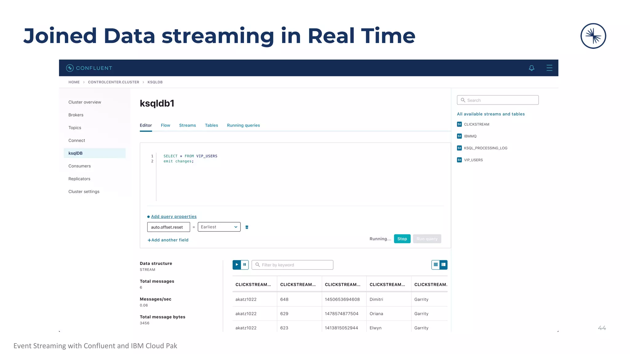 Event Streaming with Confluent and IBM Cloud Pak Joined Data streaming in Real Time 44 