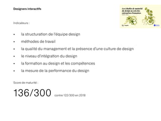 Designers interac
ti
fs
Indicateurs :
•
	
la structura
ti
on de l’équipe design


•
	
méthodes de travail


•
	
la qualité du management et la présence d’une culture de design


•
	
le niveau d’intégra
ti
on du design


•
	
la forma
ti
on au design et les compétences


•
	
la mesure de la performance du design


Score de maturité :
136/300 contre 122/300 en 2018
 