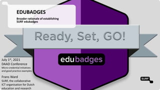 July 1st, 2021
DAAD Conference
Micro-credential initiatives
and good practice examples
Frans Ward
SURF, the collaborative
ICT organisation for Dutch
education and research
EDUBADGES
Broader rationale of establishing
SURF edubadges
 