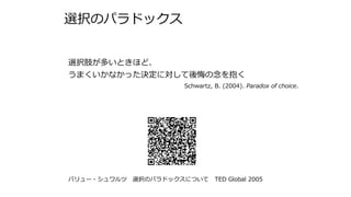 選択のパラドックス
選択肢が多いときほど、
うまくいかなかった決定に対して後悔の念を抱く
Schwartz, B. (2004). Paradox of choice.
バリュー・シュワルツ 選択のパラドックスについて TED Global 2005
 