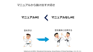 マニュアルから抜け出す大切さ
マニュアルMI マニュアルなしMI
Hettema et al.(2005). Motivational Interviewing. Annual Review of Clinical Psychology, 1(1), 91–111.
型を学ぶ 型を基本に応用する
 