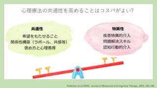 心理療法の共通性を高めることはコスパがよい?
共通性 特異性
Pedersen et al.(2020). Journal of Behavioral and Cognitive Therapy, 30(3), 165–186.
希望をもたせること
関係性構築（ラポール、共感等）
褒め方と心理教育
疾患特異的介入
問題解決スキル
認知行動的介入
 