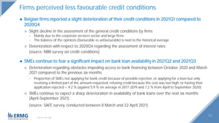 61
Sources: ECB, NBB.
Firms perceived less favourable credit conditions
◆ Belgian firms reported a slight deterioration of their credit conditions in 2021Q1 compared to
2020Q4
◇ Slight decline in the assessment of the general credit conditions by firms
- Mainly due to the corporate services sector and large firms
- The balance of the opinions (favourable vs unfavourable) is next to the historical average
◇ Deterioration with respect to 2020Q4 regarding the assessment of interest rates
(source: NBB survey on credit conditions)
◆ SMEs continue to fear a significant impact on bank loan availability in 2021Q2 and 2021Q3
◇ Deterioration regarding obstacles impeding access to bank financing between October 2020 and March
2021 compared to the previous six months
- Proportion of SMEs not applying for bank credit because of possible rejection, or applying for a loan but only
receiving a limited part of the amount requested, refusing credit because the cost was too high, or having their
application rejected = 9.2 % (against 5.9 % on average in 2017-2019 and 7.2 % from April to September 2020)
◇ SMEs continue to expect a sharp deterioration in availability of bank loans over the next six months
(April-September 2021)
(source: SAFE survey, conducted between 8 March and 22 April 2021)
 