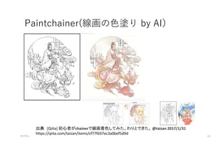 Paintchainer(線画の色塗り by AI）
マイティ 23
出典 [Qiita] 初心者がchainerで線画着色してみた。わりとできた。 @taizan 2017/1/31
https://qiita.com/taizan/items/cf77fd37ec3a0bef5d9d
 