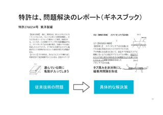 従来技術の問題
従来技術の問題
特許は、問題解決のレポート（ギネスブック）
70
具体的な解決策
具体的な解決策
運んでいる間に
亀裂が入ってしまう
特許2768254号 東洋製罐
タブ厚みを非対称にし
緩衝用間隙を形成
 