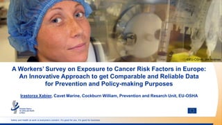 Safety and health at work is everyone’s concern. It’s good for you. It’s good for business.
A Workers’ Survey on Exposure to Cancer Risk Factors in Europe:
An Innovative Approach to get Comparable and Reliable Data
for Prevention and Policy-making Purposes
Irastorza Xabier, Cavet Marine, Cockburn William, Prevention and Resarch Unit, EU-OSHA
©EU-OSHA, Jim Holmes
 