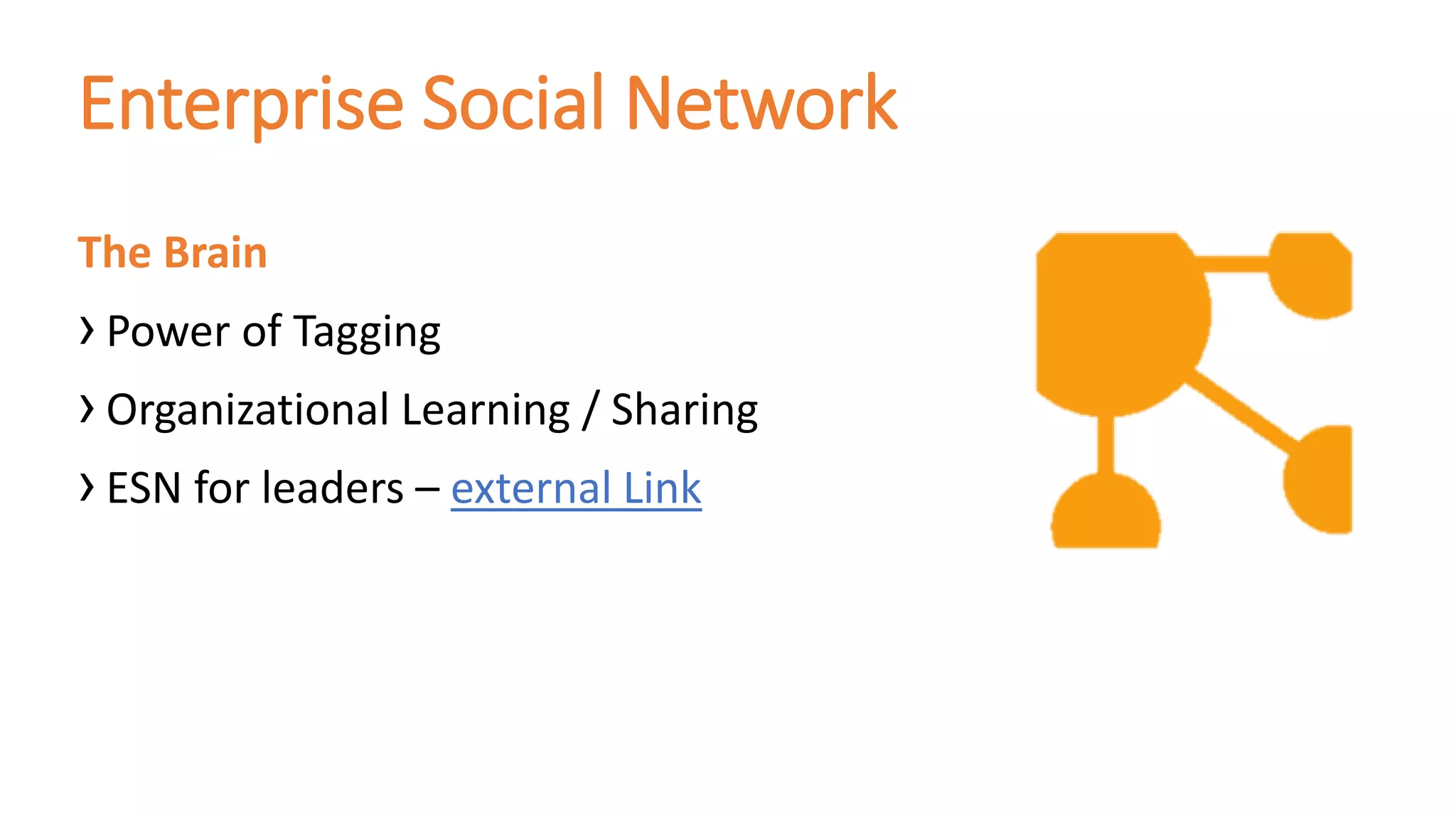 The Brain
›Power of Tagging
›Organizational Learning / Sharing
›ESN for leaders – external Link
Enterprise Social Network
 