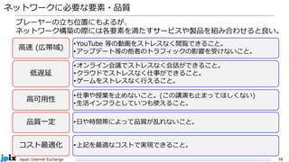 16
Japan Internet Exchange
ネットワークに必要な要素・品質
高速 (広帯域)
低遅延
高可用性
品質一定
コスト最適化
•YouTube 等の動画をストレスなく閲覧できること。
•アップデート等の他者のトラフィックの影響を受けないこと。
•オンライン会議でストレスなく会話ができること。
•クラウドでストレスなく仕事ができること。
•ゲームをストレスなく行えること。
•仕事や授業を止めないこと。(この講演も止まってほしくない)
•生活インフラとしていつも使えること。
•日や時間帯によって品質が乱れないこと。
•上記を最適なコストで実現できること。
プレーヤーの立ち位置にもよるが、
ネットワーク構築の際には各要素を満たすサービスや製品を組み合わせると良い。
 