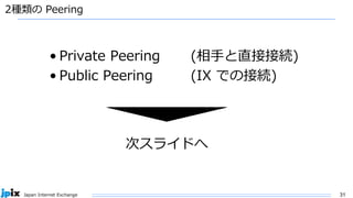31
Japan Internet Exchange
2種類の Peering
• Private Peering (相手と直接接続)
• Public Peering (IX での接続)
次スライドへ
 