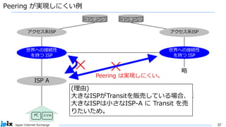37
Japan Internet Exchange
Peering が実現しにくい例
ISP A
PC スマホ
コンテンツ
アクセス系ISP
コンテンツ
アクセス系ISP
世界への接続性
を持つ ISP
世界への接続性
を持つ ISP
Peering は実現しにくい。
✕
(理由)
大きなISPがTransitを販売している場合、
大きなISPは小さなISP-A に Transit を売
りたいため。
✕ 略
 
