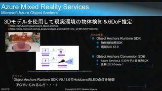 Azure Mixed Reality Services
Microsoft Azure Object Anchors
3Dモデルを使用して現実環境の物体検知＆6DoF推定
https://github.com/Azure/azure-object-anchors
https://docs.microsoft.com/ja-jp/azure/object-anchors/?WT.mc_id=MR-MVP-5003104
2021/7/21 Copyright © 2021 Takahiro Miyaura
 Object Anchors Runtime SDK
 物体検知用SDK
 最新は0.12.0
 Object Anchors Conversion SDK
 Azure Service上で3Dモデル変換用SDK
 最新は0.3.0-beta.1
SDKの概要
引用元:Microsoft, Azure Object Anchorsの概要, https://docs.microsoft.com/ja-jp/azure/object-anchors/overview, 2021/03/02(閲覧日:2021/07/21)
Object Anchors Runtime SDK V0.11.0でHoloLensのLED点灯を制御
（PGでいじれるんだ・・・）
トピック
 
