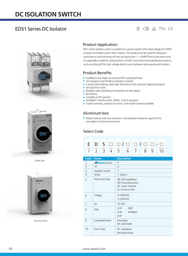 Aswich Electrical EDS1 DC Isolator Cage Type 1200V 16A 32A PDF aswich-electrical-eds1-dc-isolator-cage-type-1200v-16a-32a-pdf