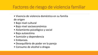 Factores de riesgo de violencia familiar
• Vivencia de violencia doméstica en su familia
de origen
• Bajo nivel cultural
• Bajo nivel socioeconómico
• Aislamiento psicológico y social
• Baja autoestima
• Sumisión y dependencia
• Embarazo.
• Desequilibrio de poder en la pareja
• Consumo de alcohol o drogas
 