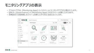 21
モニタリングアプリの表示
• デフォルトアプリは、[Monitoring Apps] というストリームにモニタリングアプリが公開されています。
• QMCの、[Governnance] の [Monitoring Apps] からもストリームを開くことができます。
• 初期設定では管理者しかストリームを開くことができない設定となっています。
 