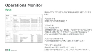 35
Operations Monitor
Apps
現在のアプリとアプリオブジェクトに関する基本的なメタデータを提示
します。
アプリの所有者
主要なアプリの所有者は誰か？
アプリの詳細
どのアプリが最大か？
長期間使用されていない、またはロードされていないアプリはどれか？
大量の未公開オブジェクトが含まれている公開アプリはないか？
どのような未公開アプリが、誰によって開発されているか？
アプリオブジェクトの所有者
アプリ所有者ではないアプリオブジェクト所有者がいるか？
アプリオブジェクトの詳細
多くのマスターオブジェクトが含まれているか？
公開されているが承認されていないアプリオブジェクトはあるか？
 