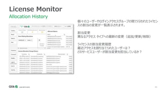 46
License Monitor
Allocation History
個々のユーザーやログインアクセスグループの間で行われたライセン
スの割当の変更が一覧表示されます。
割当変更
異なるアクセス タイプへの最新の変更（追加/更新/削除）
ライセンスの割当変更履歴
最近アクセスを割り当てられたユーザーは？
どのサービスユーザーが割当変更を担当しているか？
 