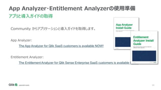 59
App Analyzer・Entitlement Analyzerの使用準備
アプリと導入ガイドの取得
Community からアプリケーションと導入ガイドを取得します。
App Analyzer:
The App Analyzer for Qlik SaaS customers is available NOW!
Entitlement Analyzer:
The Entitlement Analyzer for Qlik Sense Enterprise SaaS customers is available NOW!
 