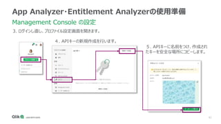 61
App Analyzer・Entitlement Analyzerの使用準備
Management Console の設定
3. ログインし直し、プロファイル設定画面を開きます。
４. APIキーの新規作成を行います。
５. APIキーに名前をつけ、作成され
たキーを安全な場所にコピーします。
 