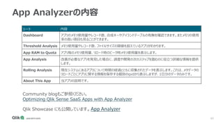 65
App Analyzerの内容
シート 内容
Dashboard アプリのメモリ使用量やレコード数、合成キーやアイランドテーブルの有無を確認できます。またメモリの使用
率の高い項目も見ることができます。
Threshold Analysis メモリ使用量やレコード数、ファイルサイズの閾値を超えているアプリがわかります。
App RAM to Quota アプリ毎のメモリ使用量、リロード時のピーク時メモリ使用量を表示します。
App Analysis 改善が必要なアプリを発見した場合に、調査や開発の次のステップを踏むのに役立つ詳細な情報を提供
します。
Rolling Analysis 現在システムにあるアプリについて時間の経過とともに収集されたデータを表示します。これは、メタデータの
リロードごとにアプリに関する情報を保存する個別のqvdから表示しますが、1日分のデータのみです。
About This App 当アプリの説明です。
Community blogもご参照ください。
Optimizing Qlik Sense SaaS Apps with App Analyzer
Qlik Showcase にも公開しています。App Analyzer
 