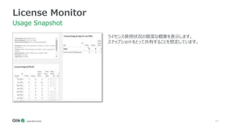 47
License Monitor
Usage Snapshot
ライセンス使用状況の簡潔な概要を表示します。
スナップショットをとって共有することを想定しています。
 