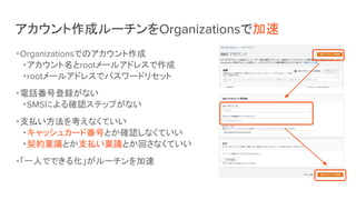 アカウント作成ルーチンをOrganizationsで加速
・Organizationsでのアカウント作成
・アカウント名とrootメールアドレスで作成
・rootメールアドレスでパスワードリセット
・電話番号登録がない
・SMSによる確認ステップがない
・支払い方法を考えなくていい
・キャッシュカード番号とか確認しなくていい
・契約稟議とか支払い稟議とか回さなくていい
・「一人でできる化」がルーチンを加速
 