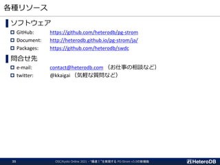 各種リソース
▌ソフトウェア
 GitHub: https://github.com/heterodb/pg-strom
 Document: http://heterodb.github.io/pg-strom/ja/
 Packages: https://github.com/heterodb/swdc
▌問合せ先
 e-mail: contact@heterodb.com （お仕事の相談など）
 twitter: @kkaigai （気軽な質問など）
OSC/Kyoto Online 2021 - “爆速！”を実現する PG-Strom v3.0の新機能
35
 