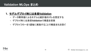 Mobility Technologies Co., Ltd.
Validation MLOps まとめ
32
1. モデルデプロイ時には多段Validation
- データ異常値によるモデルと統計値のズレを想定する
- デプロイ時には多段Validationで精度を担保
- デプロイフローを1週毎に実施することで精度劣化を防ぐ
 