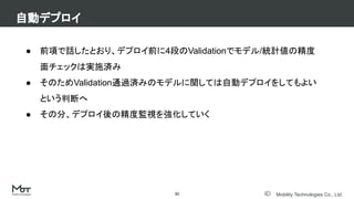 Mobility Technologies Co., Ltd.
● 前項で話したとおり、デプロイ前に4段のValidationでモデル/統計値の精度
面チェックは実施済み
● そのためValidation通過済みのモデルに関しては自動デプロイをしてもよい
という判断へ
● その分、デプロイ後の精度監視を強化していく
自動デプロイ
35
 